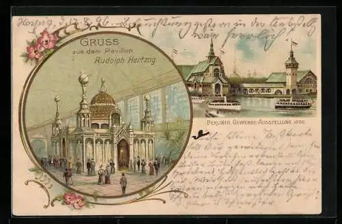 Lithographie Ganzsache PP9 C4 /2: Berlin, Gewerbe-Ausstellung 1896, Pavillon Rudolph Hertzog.