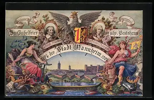 Künstler-AK Ganzsache PP 27 /C90: Mannheim, Jubelfeier des 300 jähr. Bestehens 1907, Ansicht im 18. Jahrhundert