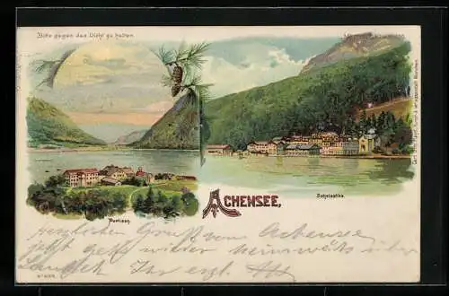 Lithographie Pertisau am Achensee, Panorama, Ansicht vom Scholastika