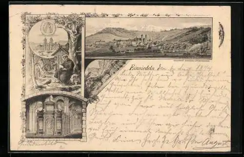 Vorläufer-Lithographie Einsiedeln, 1894, Stadtansicht, Abtei und Mönch