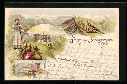 Vorläufer-Lithographie Stanserhorn, 1894, Hotel im Gebirgs-Passepartout