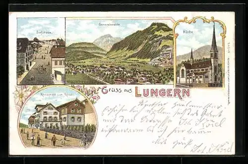 Lithographie Lungern, Restaurant zum Rössli, Dorfstrasse und Kirche