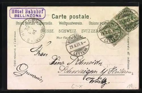 Lithographie Bellinzona, Gasthof zum Bahnhof, Spiess Münchner Bräu