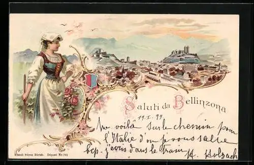 Lithographie Bellinzona, Panorama mit Frau in Tracht