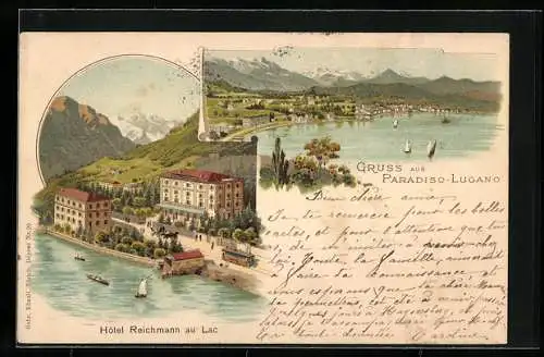 Lithographie Paradiso /Lugano, Hôtel Reichmann au Lac, Panorama