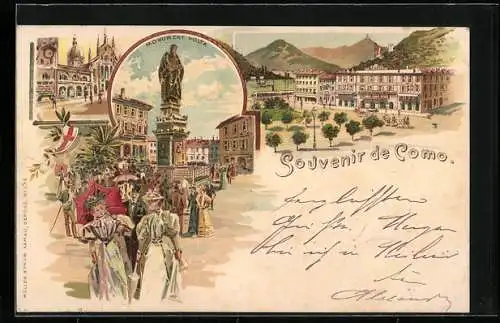 Lithographie Como, Monument Volta mit Leuten, Gebäudeansichten