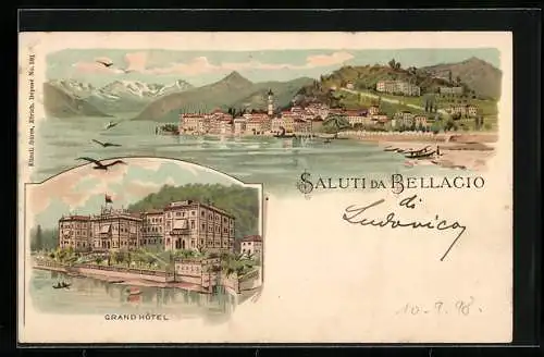 Lithographie Bellagio, Grand Hotel, Totalansicht