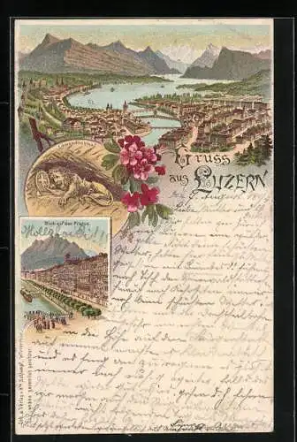 Vorläufer-Lithographie Luzern, 1894, Löwendenkmal, Blick auf den Pilatus, Stadtpanorama