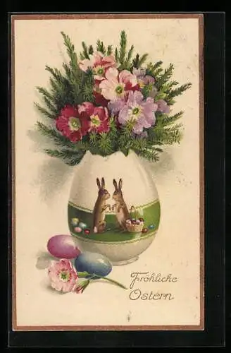 AK Osterhasen auf einem Osterei mit Blumenstrauss