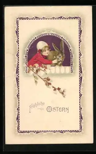 AK Mädchen füttert Osterhase mit Blume