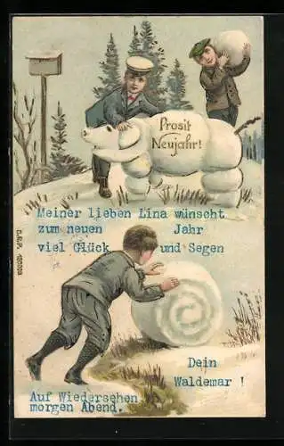 AK Kinder bauen ein Schneeschwein, Neujahrsgruss