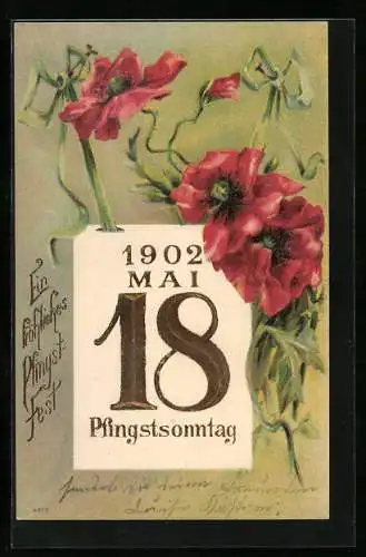 AK Pfingsten, Mohnblumen mit Kalenderblatt