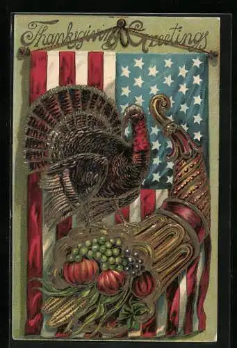 Präge-AK Thanksgiving Greetings, Truthahn vor amerikanischer Flagge