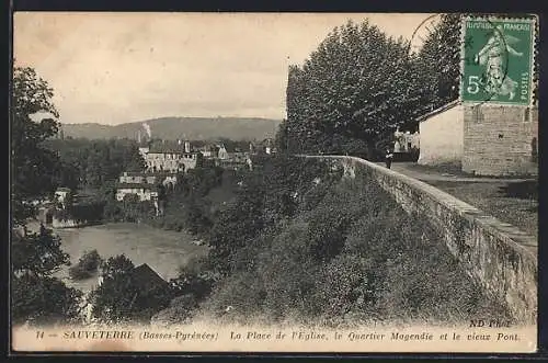 AK Sauveterre /Basses-Pyrénées, La place de l`Eglise, le Quartier Magendie et le vieux Pont