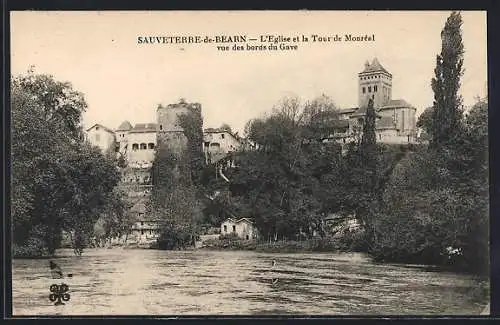 AK Sauveterre-de-Béarn, L`Eglise et la Tour de Monrèal vue des bords du Gave