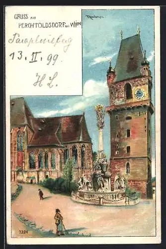 Künstler-AK Perchtoldsdorf, Brunnen und Turm mit Uhr bei der Kirche