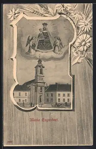 Lithographie Maria Enzersdorf, Kirche, Marienbildnis, Blumen