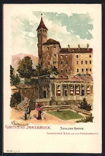 Lithographie Innsbruck, Schloss Amras, Spanischer Saal und Hochschloss