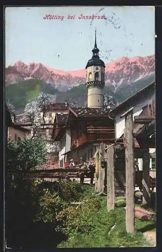 AK Hötting, Ortspartie mit Kirchturm und Blick auf die Berge