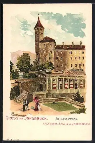 Künstler-AK Innsbruck, Schloss Amras, Spanischer Saal und Hochschloss