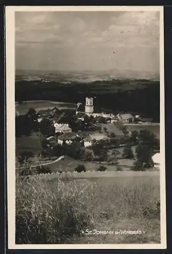 AK St. Johann am Wimberg, Ortsansicht mit Kirche aus der Vogelschau