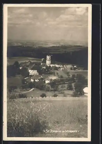 AK St. Johann am Wimberg, Ortsansicht mit Kirche aus der Vogelschau