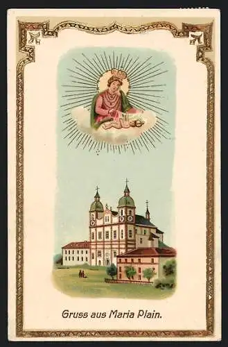 Lithographie Maria Plain, Ortsansicht mit schwebender Madonna