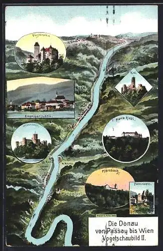 Künstler-AK Eugen Felle: Vichtenstein, Die Donau von Passau bis Wien, Vogelschaubild N. II.