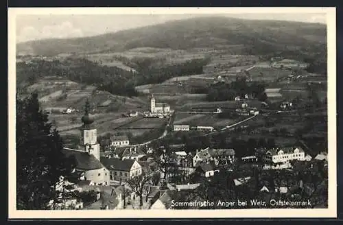 AK Anger bei Weiz, Totalansicht mit Kirchen aus der Vogelschau