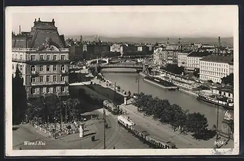 AK Wien, Kai mit Strassenbahnen aus der Vogelschau