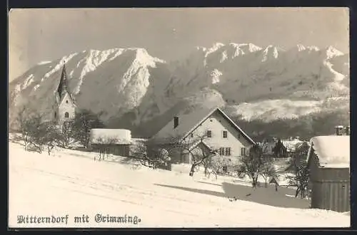 AK Bad Mitterndorf, Ortspartie mit Kirche und Grimming im Winter