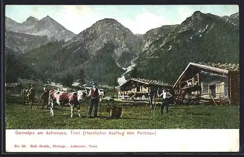 AK Pertisau, Panorama mit Bauern und Berglandschaft