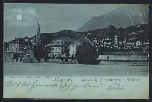 Mondschein-AK Innsbruck, Büchsenhausen und Hafelekar vom Wasser aus