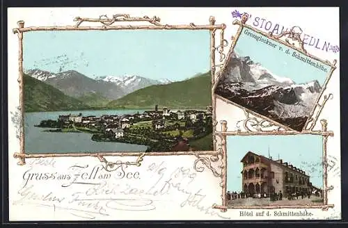 AK Zell am See, Hotel auf der Schmittenhöhe, Ortsansicht im hölzernen Rahmen, Grossglockner