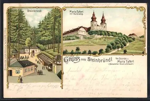 Lithographie Krummnussbaum, Steinbründl, Gasthaus J. Renner und Kirche, Wallfahrtskirche Maria Taferl mit Bussweg