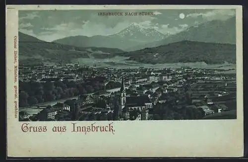 Mondschein-Lithographie Innsbruck, Teilansicht mit Kirche nach Süden