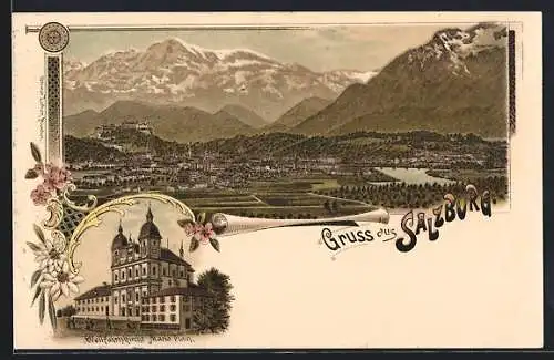 Lithographie Salzburg, Teilansicht, Wallfahrtskirche Maria Plain