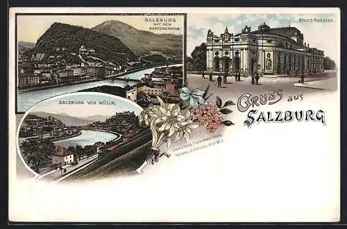 Lithographie Salzburg, Stadt-Theater, Ortsansicht von Mülln, Teilansicht mit dem Kapuzinerberg