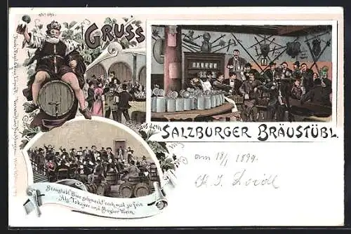 Lithographie Salzburg, Szenen aus dem Bräustübl, Bierkönig