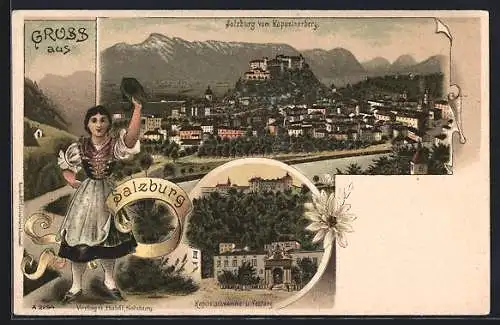 Lithographie Salzburg, Blick vom Kapuzinerberg, Kapitelschwemme und Festung