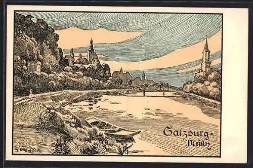 Künstler-AK Salzburg-Mülln, Blick übers Wasser mit Kirchen