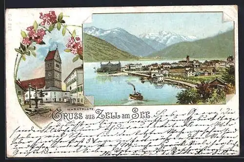 Lithographie Zell am See, Marktplatz mit Kirchturm und Brunnen, Panorama mit Hotel und Dampfer