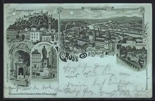 Mondschein-Lithographie Salzburg, Festung Hohensalzburg mit Seilbahn, Mirabell-Garten, Mozart-Denkmal