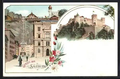 Lithographie Salzburg, Blick zur Festung, Aufzug