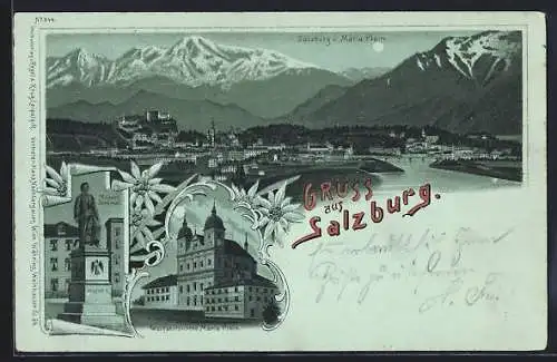 Mondschein-Lithographie Salzburg, Teilansicht von Maria Plain, Wallfahrtskirche Maria Plain, Mozart-Denkmal