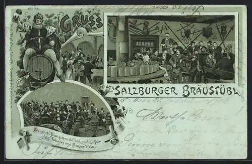 Mondschein-Lithographie Salzburg, Gasthaus Salzburger Bräustübl, Innenansicht, Hof