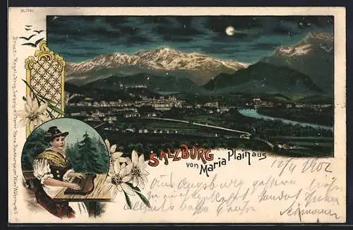 Lithographie Salzburg, Totalansicht von Maria Plain aus, Frau in typischer Tracht mit Zither