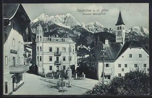 AK Saalfelden, Unterer Marktplatz mit Kirche