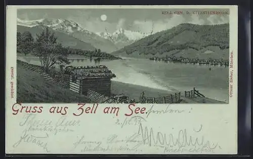 Mondschein-Lithographie Zell am See, Teilansicht gen d. Kitzstienhorn