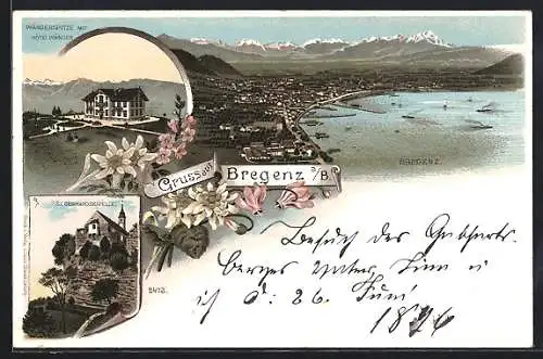 Lithographie Bregenz a. B., Pfänderspitze mit Hotel Pfänder, Ortsansicht mit See und Bergpanorama